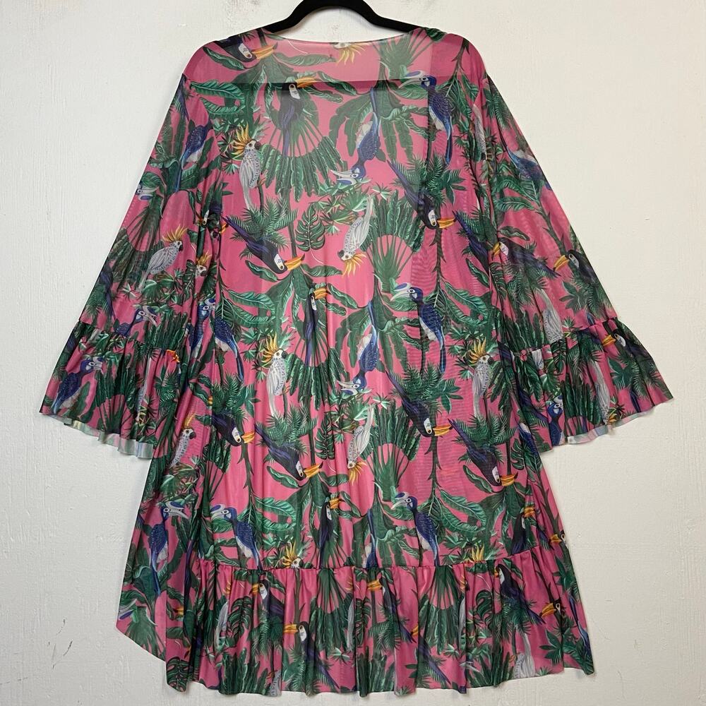 Pink Bird Swimsuit Cover Up Beach Cruise Open Front Bell Sleeves Size Small - Picture 4 of 10